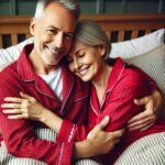 DALL·E 2024-07-26 15.19.10 - A 50-year-old couple in red pajamas cuddling in bed. They are clearly in love, with warm smiles and gentle touches, creating a cozy and affectionate a