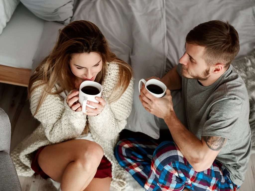 Cozy morning coffee in pajamas.